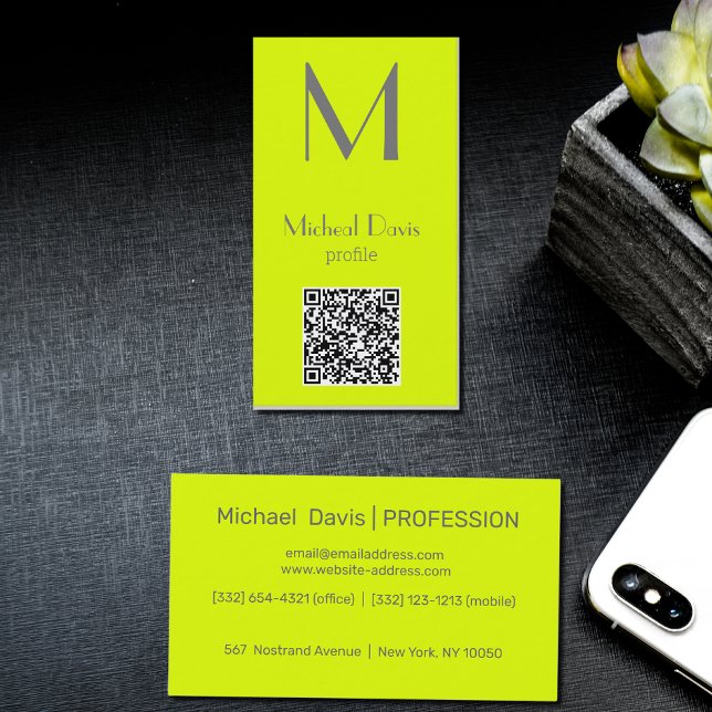fluorescent yellow - bold monogram - QR code  Business Card (Creator Uploaded)
