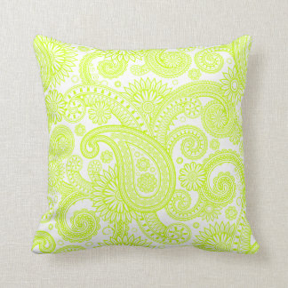 Fluorescent Yellow Paisley Floral Swirl Cushion