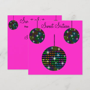 FLURO PINK DISCOBALL  SWEET SIXTEEN PARTY INVITATION