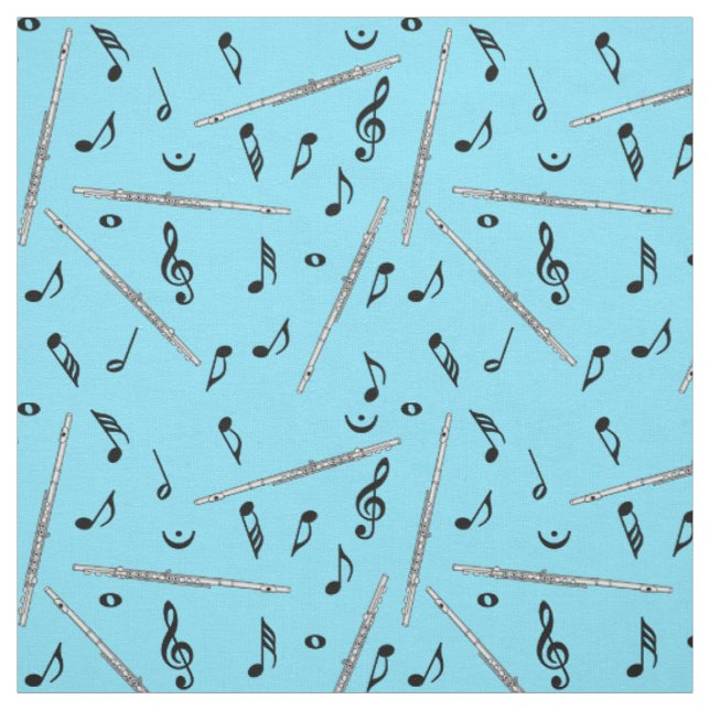 Flute Black Music Notes  Fabric (Swatch)