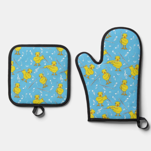 Flute Chick Flute Music Notes  Oven Mitt & Pot Holder Set (Front)