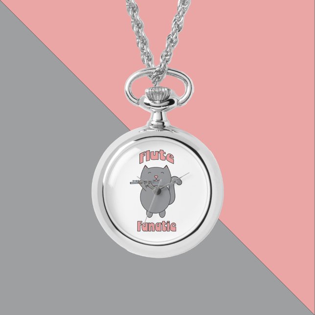 Flute Fanatic Gray Cat Funny Watch (A watch necklace with a cute gray cat and the text flute fanatic in pink.)