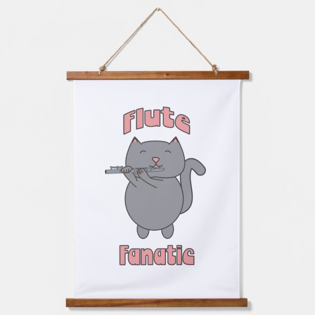 Flute Fanatic Gray Cat Pink Hanging Tapestry (Front)