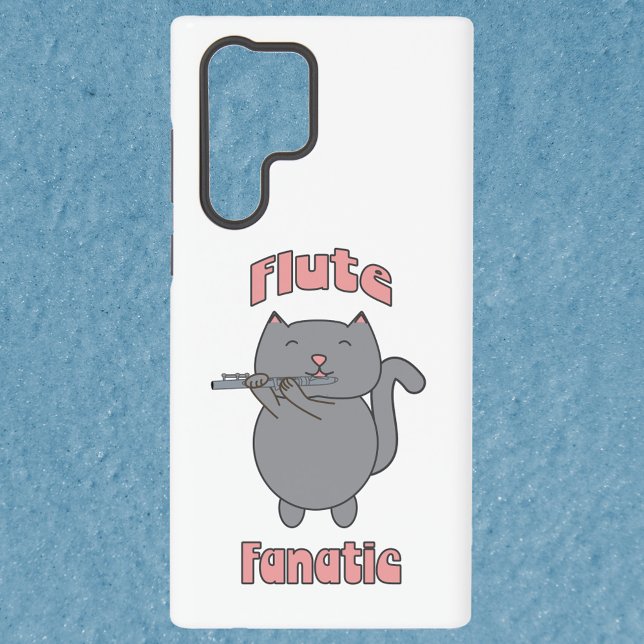Flute Fanatic Grey Cat Pink Letters Samsung Galaxy S22 Ultra Case (A phone case with a gray cat playing the flute and the words flute fanatic in pink.)