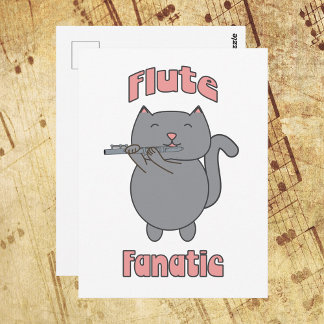 Flute Fanatic Grey Cat Pink Postcard