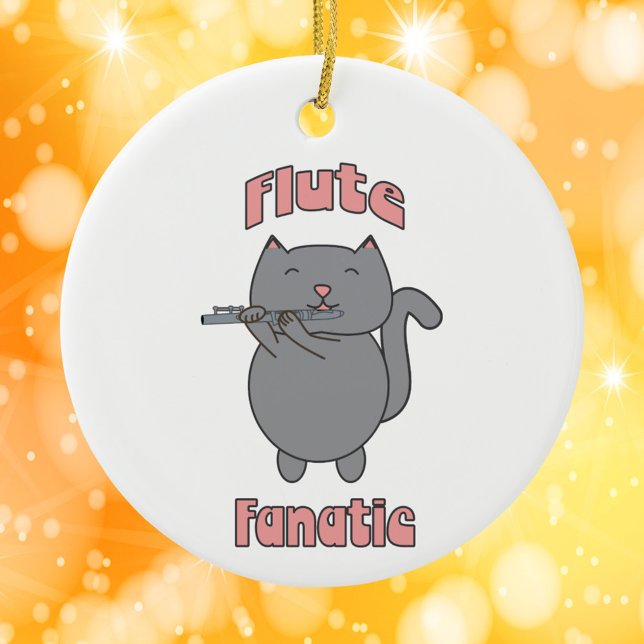 Flute Fanatic Musical Grey Cat Pink Ceramic Tree Decoration (An ornament featuring a gray cat playing the flute and the words flute fanatic in pink.)