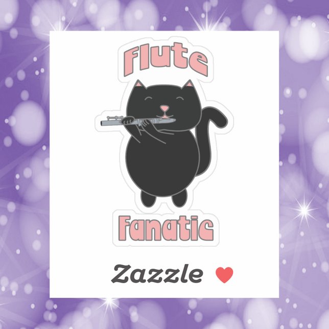 Flute Fanatic Pink Black Cat Cute (A sticker of a black flute playing cat with the words Flute Fanatic.)