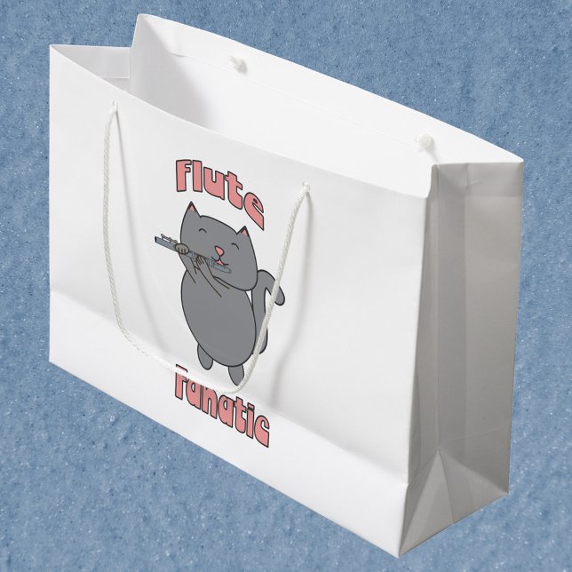 Flute Fanatic Pink Gray Cat Large Gift Bag (A gift bag with a gray cat playing the flute and the text flute fanatic.)