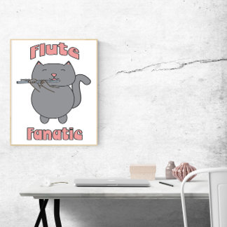 Flute Fanatic Pink Grey Cat Funny Poster