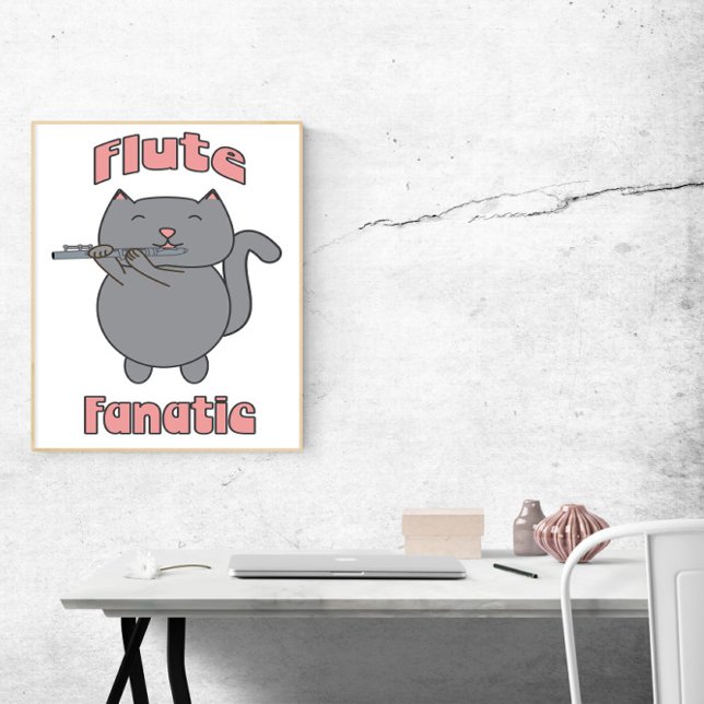 Flute Fanatic Pink Grey Cat Funny Poster (A poster featuring a gray cat playing the flute and the words Flute Fanatic in pink)