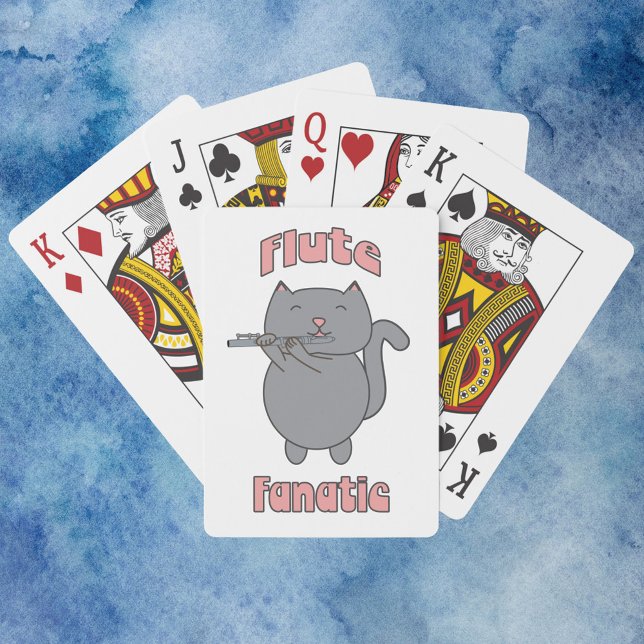 Flute Fanatic Pink Grey Cat Playing Cards (A deck of playing cards that has a gray cat playing the flute with the words flute fanatic.)