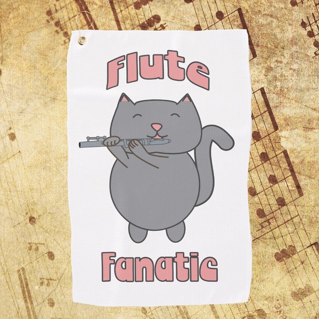 Flute Fantic Musical Grey Cat Pink Golf Towel (A golf towel featuring a gray cat playing the flute with the words flute fanatic in pink.)