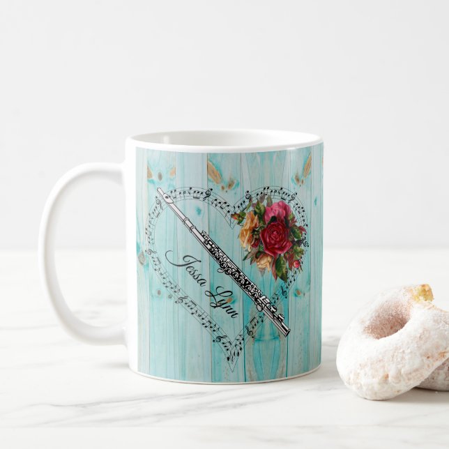 Flute Music Note Hart Blue Wood Flowers Coffee Mug (With Donut)