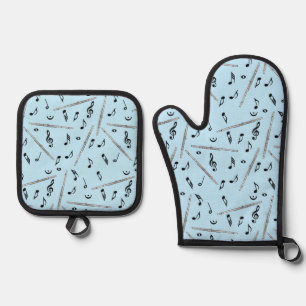 Flute Music Note Pattern Oven Mitt & Pot Holder Set