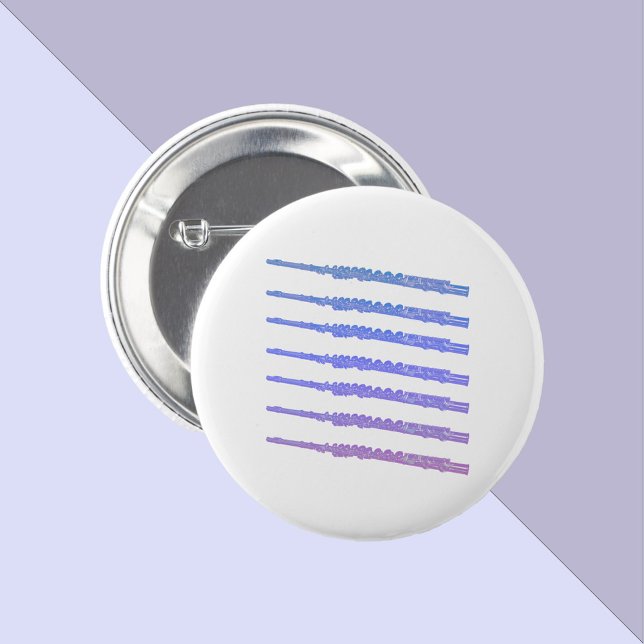 Flute Musical Instrument Pink Purple Blue 6 Cm Round Badge (A pin back button with pink, blue and purple flutes.)
