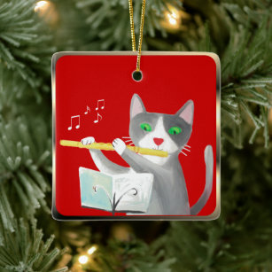 flute player cat ceramic ornament