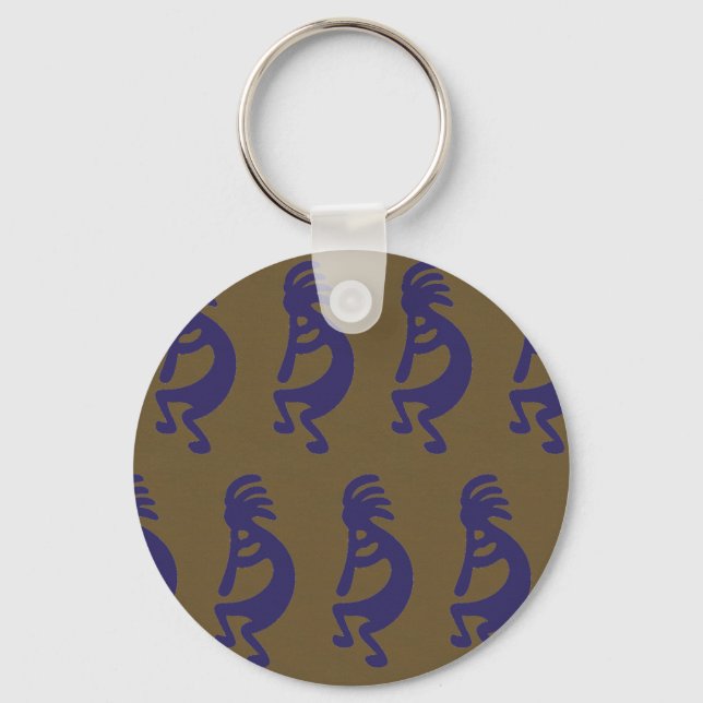 Flute Playing Kokopelli - Blue on Green Key Ring (Front)