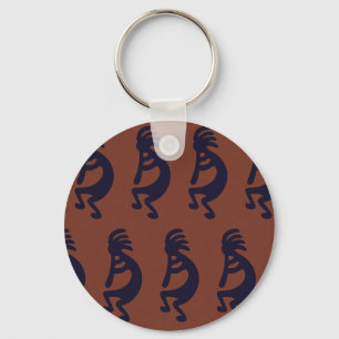 Flute Playing Kokopelli Figure, Black on Rust Red Key Ring