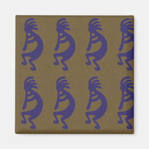 Flute Playing Kokopelli Figure - Blue on Green Magnet