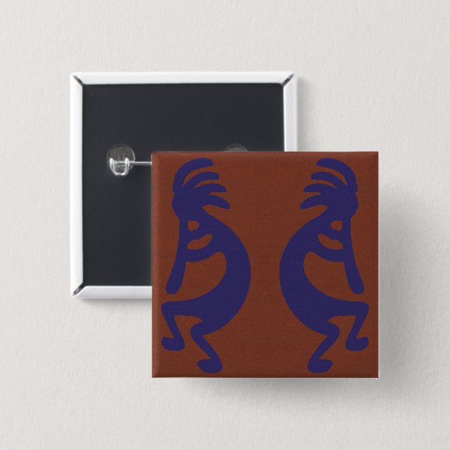 Flute Playing Kokopelli Figure - Blue on Rust Red  15 Cm Square Badge (Front & Back)