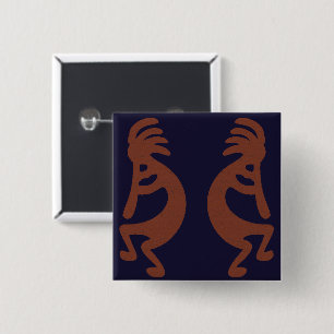 Flute Playing Kokopelli Figure - Blue on Rust Red 15 Cm Square Badge