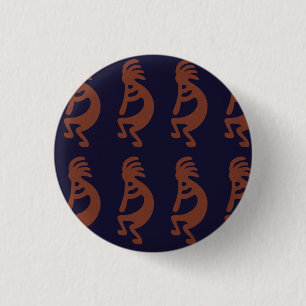 Flute Playing Kokopelli Figure - Blue on Rust Red  3 Cm Round Badge