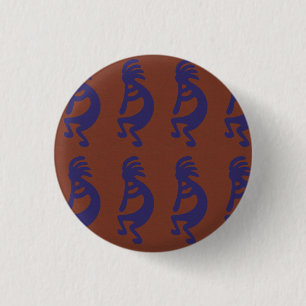Flute Playing Kokopelli Figure - Blue on Rust Red  3 Cm Round Badge