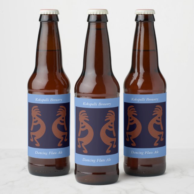 Flute Playing Kokopelli Figure - Blue on Rust Red  Beer Bottle Label (Bottles)