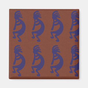 Flute Playing Kokopelli Figure - Blue on Rust Red Magnet