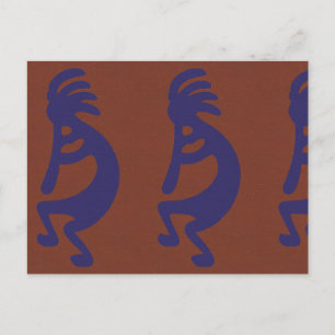 Flute Playing Kokopelli Figure - Blue on Rust Red  Postcard