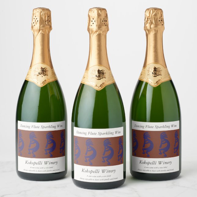 Flute Playing Kokopelli Figure - Blue on Rust Red  Sparkling Wine Label (Bottles)