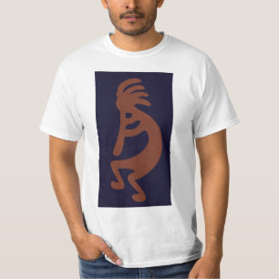 Flute Playing Kokopelli Figure - Blue on Rust Red T-Shirt