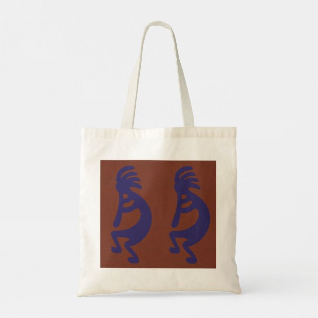 Flute Playing Kokopelli Figure - Blue on Rust Red  Tote Bag (Back)