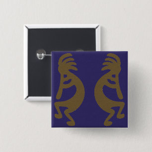 Flute Playing Kokopelli Figure - Green on Blue 15 Cm Square Badge