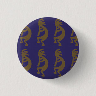 Flute Playing Kokopelli Figure - Green on Blue 3 Cm Round Badge