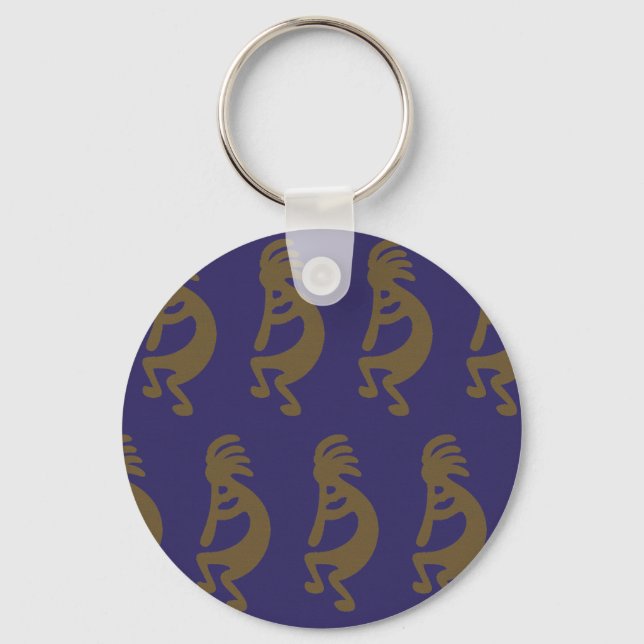 Flute Playing Kokopelli Figure - Green on Blue Key Ring (Front)
