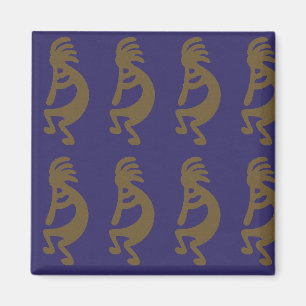 Flute Playing Kokopelli Figure - Green on Blue Magnet