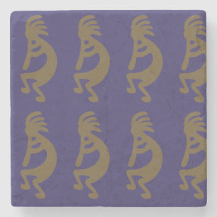 Flute Playing Kokopelli Figure - Green on Blue Stone Coaster