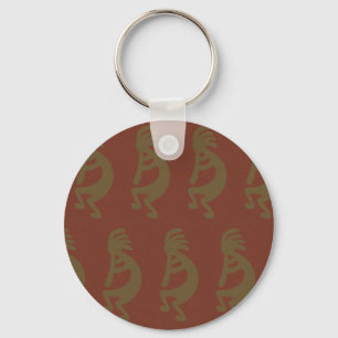 Flute Playing Kokopelli Figure, Green on Rust Red Key Ring