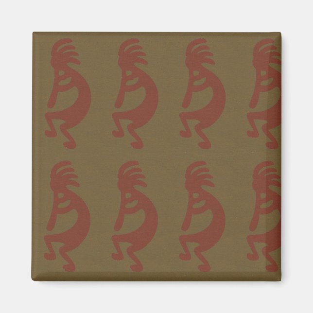 Flute Playing Kokopelli Figure - Red on Green Magnet (Front)