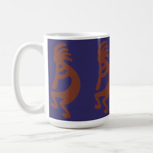Flute Playing Kokopelli Figure - Rust Red on Blue Coffee Mug (Left)