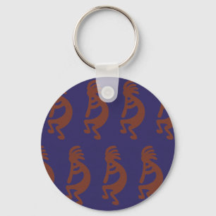 Flute Playing Kokopelli Figure - Rust Red on Blue Key Ring