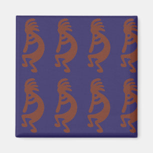 Flute Playing Kokopelli Figure - Rust Red on Blue Magnet