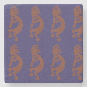 Flute Playing Kokopelli Figure - Rust Red on Blue Stone Coaster