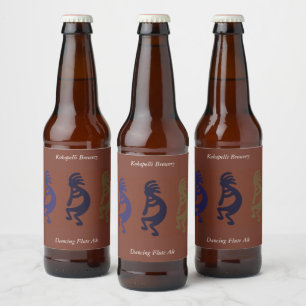 Flute Playing Kokopelli Figures on Rust Red  Beer  Bottle Label