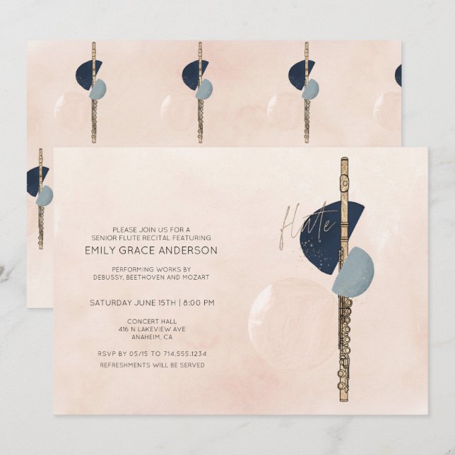 Flute Recital Abstract Blush Pink & Navy Blue Gold Invitation (Front/Back)