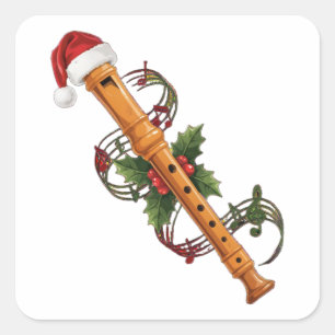 Flute Recorder Instrument Santa Hat Christmas Square Sticker
