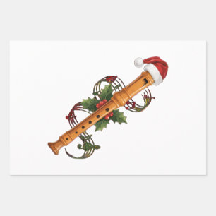 Flute Recorder Instrument Santa Hat Christmas Wrapping Paper Sheet