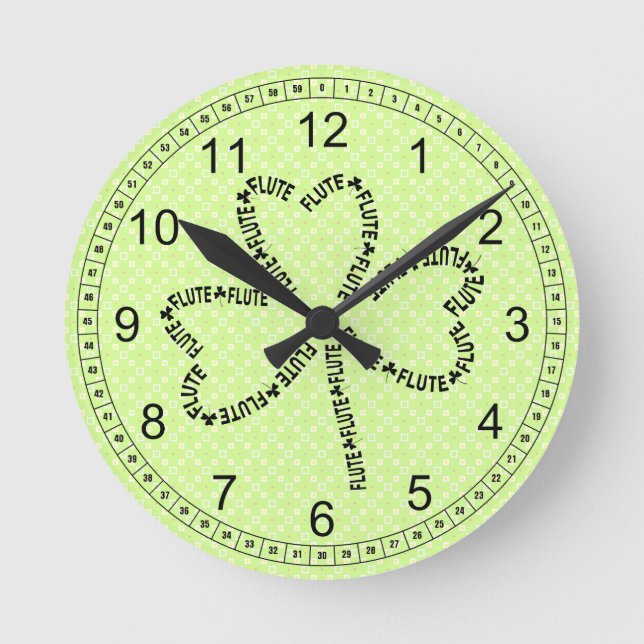 Flute Text Shamrock Round Clock (Front)