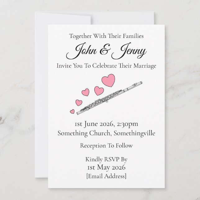 Flute Wedding Invitation Flautist Musicians (Front)